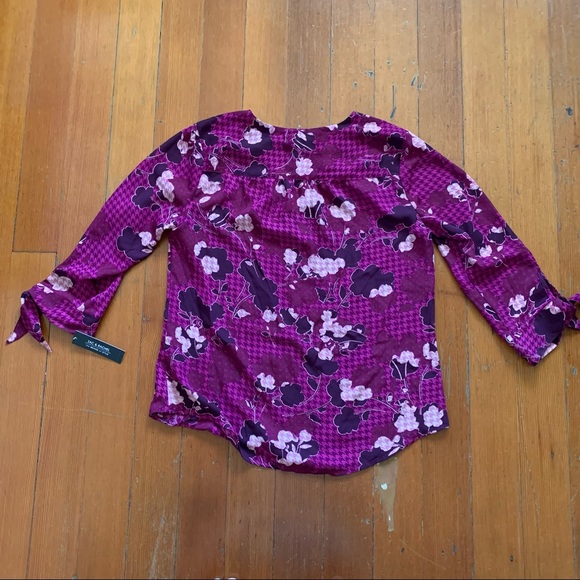 NWT Zac & Rachel Houndstooth Floral 3/4 Tie Sleeve Purple Berry Pink Small - Picture 2 of 13